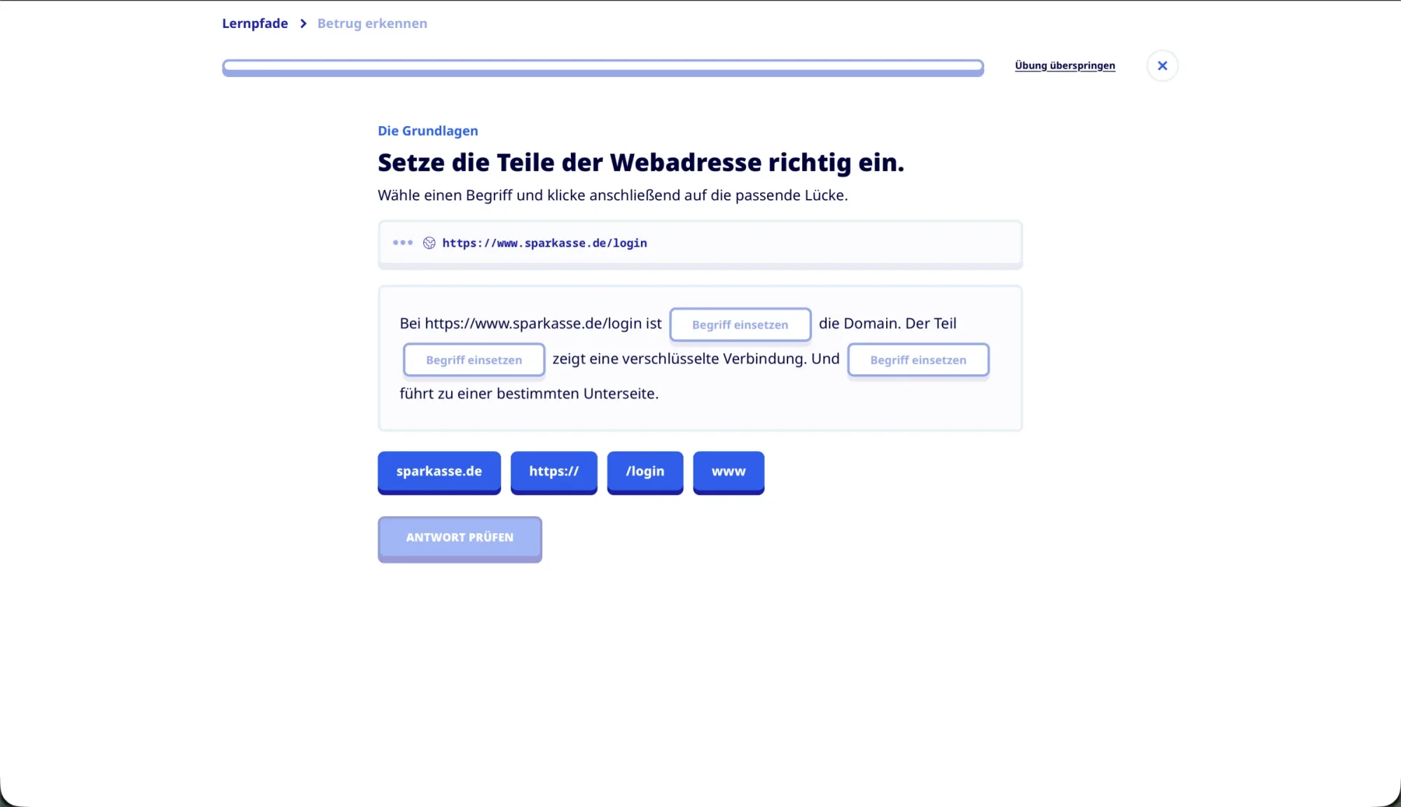 Actual Medienkundig app screen: an exercise asks learners to identify the parts of a web address.