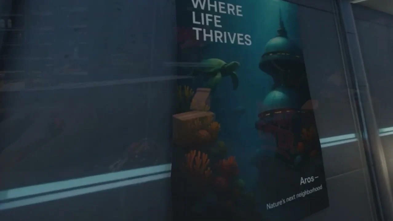 In-world AROS campaign poster reading Where Life Thrives