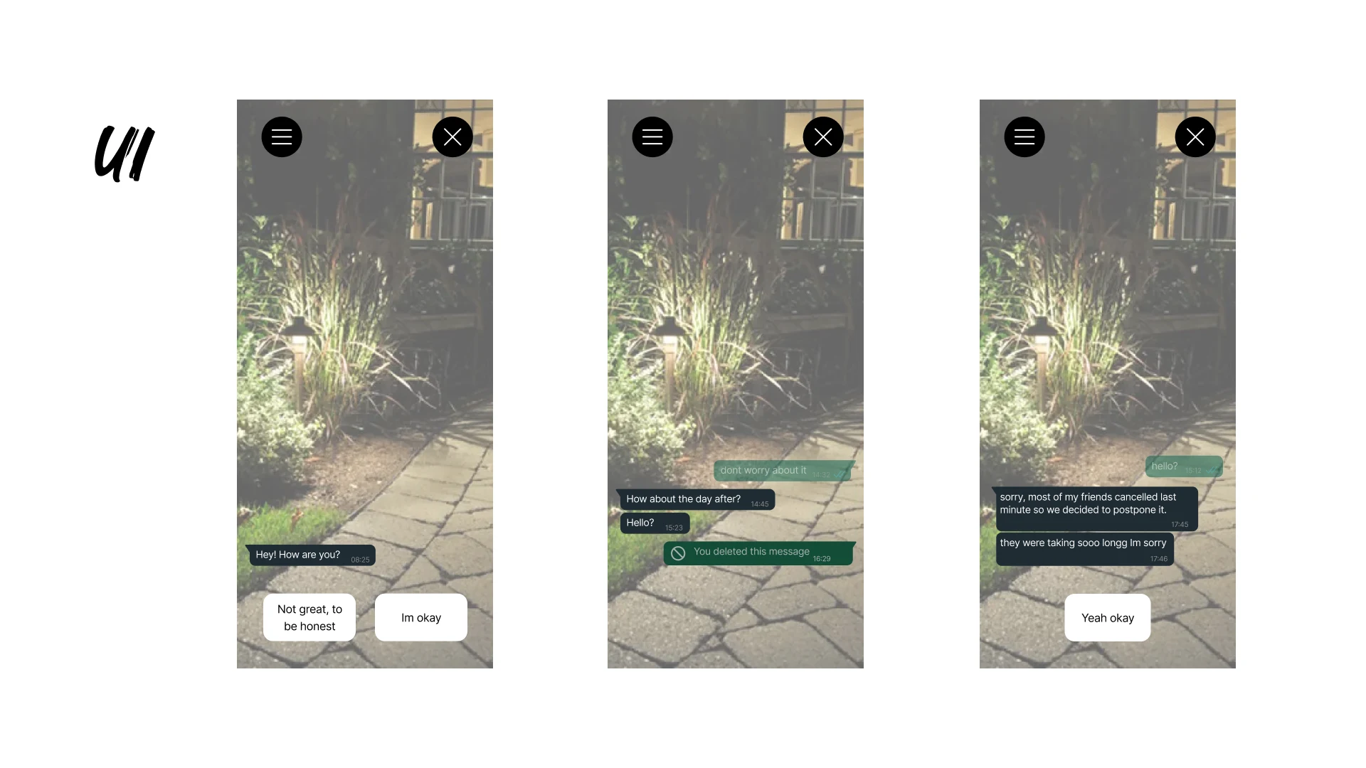 Three mobile interface states for the branching chat inside the Harm scene