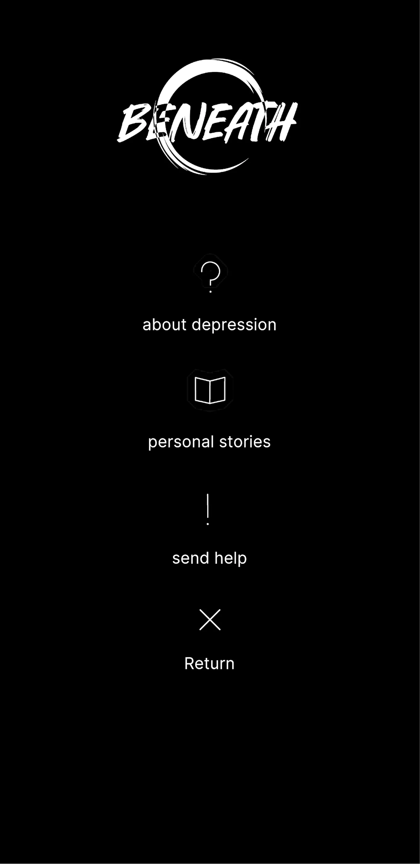 Beneath mobile menu with routes to depression information, personal stories, support, and return