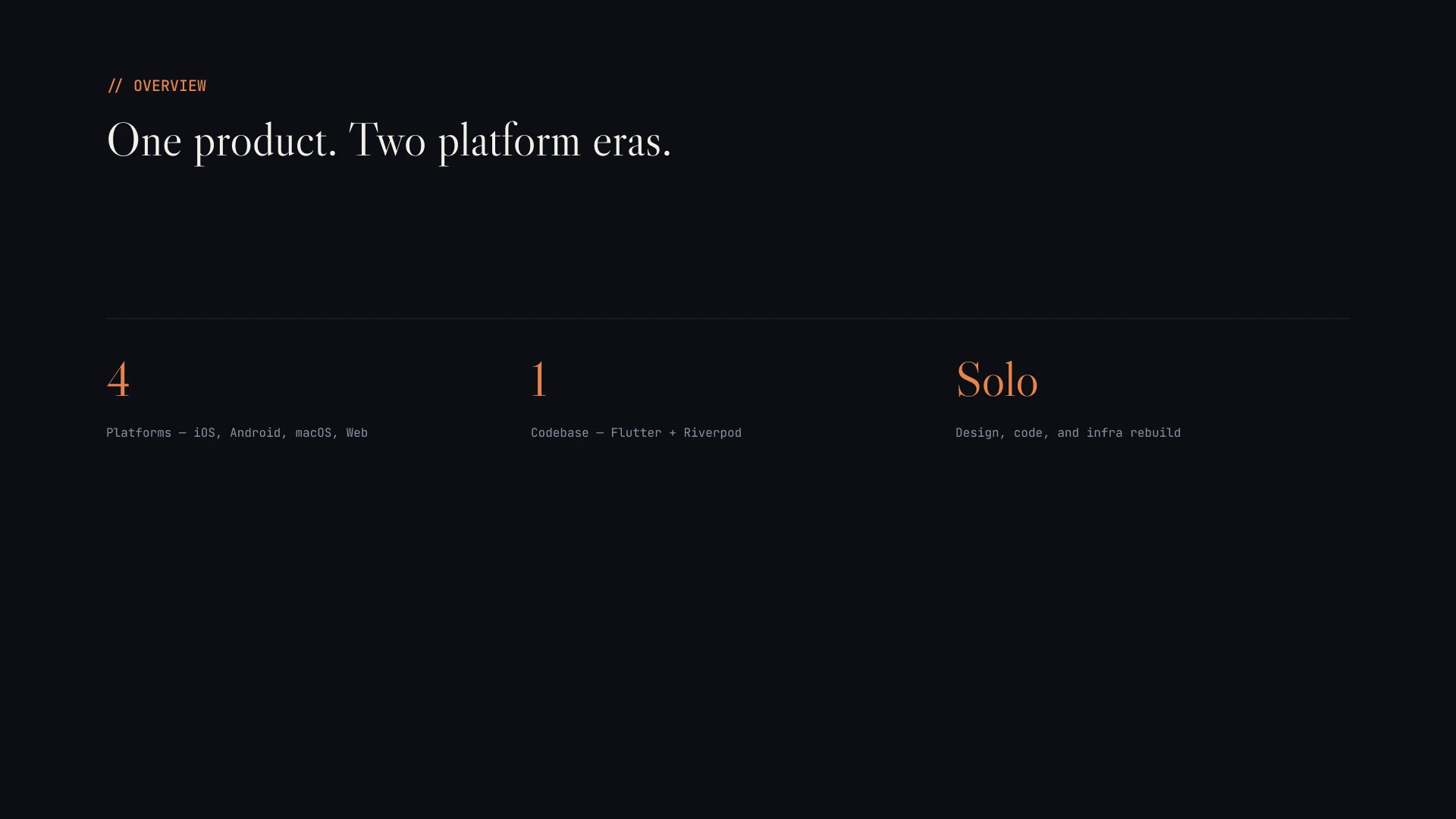 Deck slide — one product, two platform eras, with platform/codebase/team stats