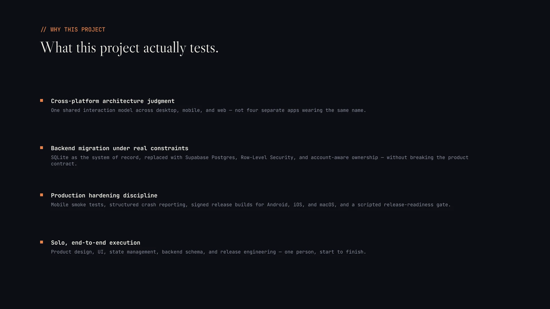 Deck slide — four capabilities this project demonstrates, recruiter-framed