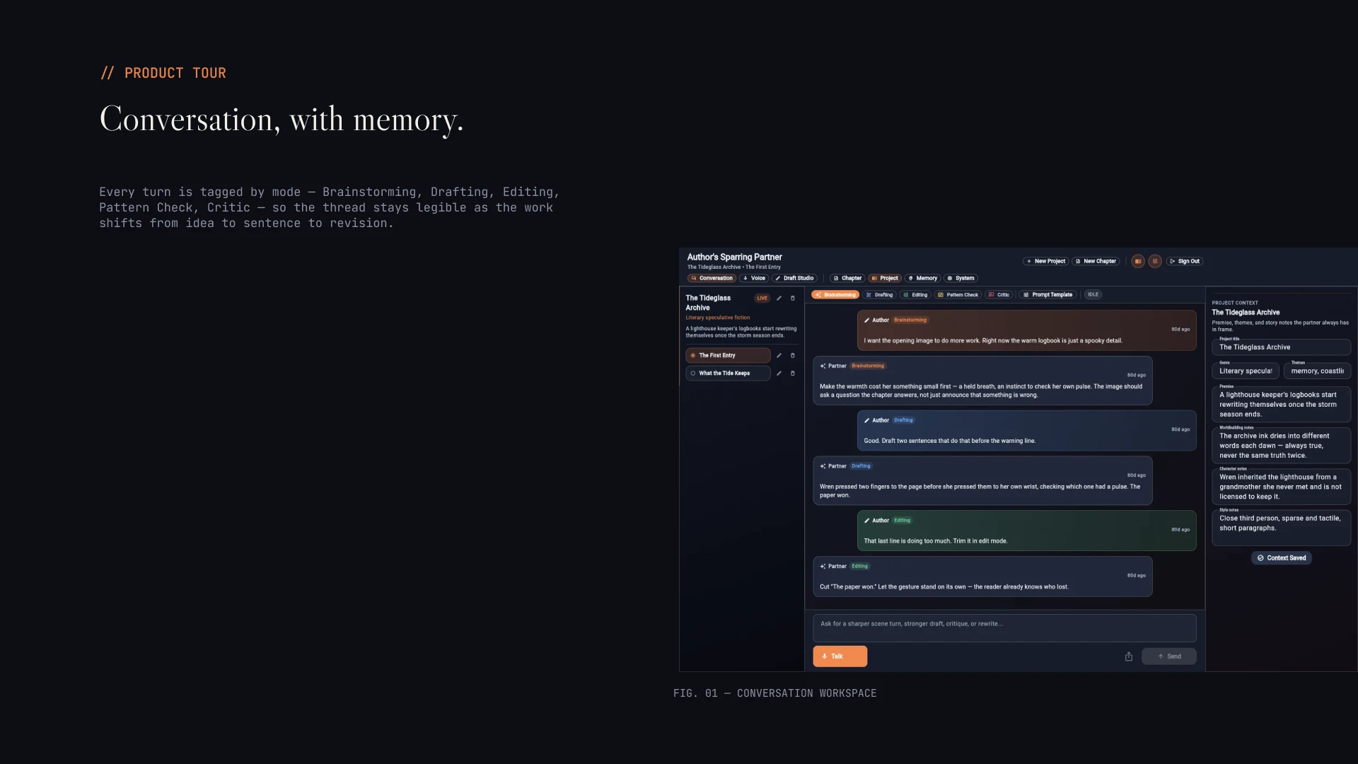 Deck slide — the conversation workspace, mode-tagged by Brainstorming, Drafting, and Editing
