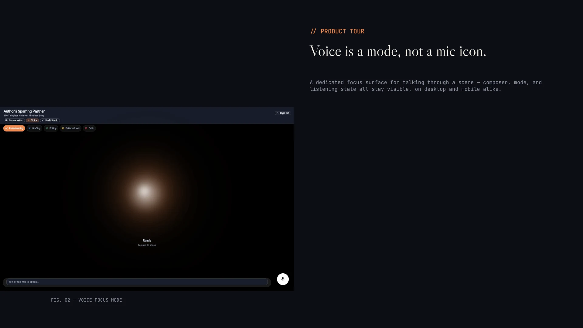 Deck slide — voice focus mode with a glowing listening indicator