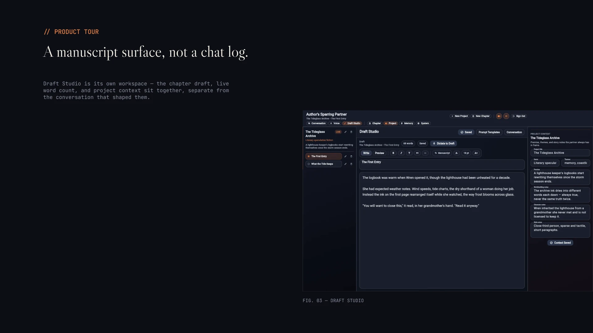 Deck slide — Draft Studio manuscript editor with live word count