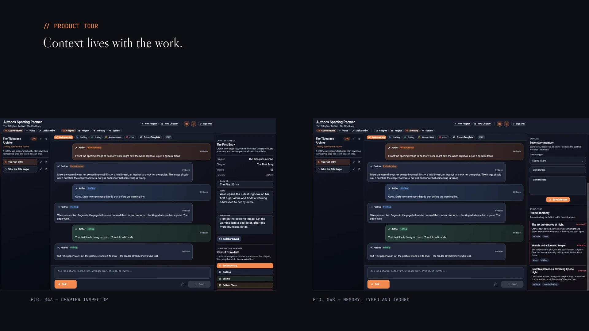 Deck slide — Chapter inspector and typed Memory notes, side by side