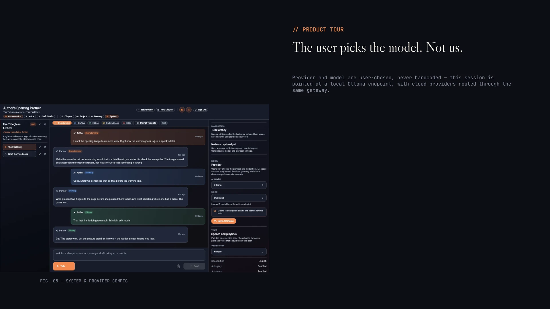 Deck slide — system tab, the user chooses the AI provider and model
