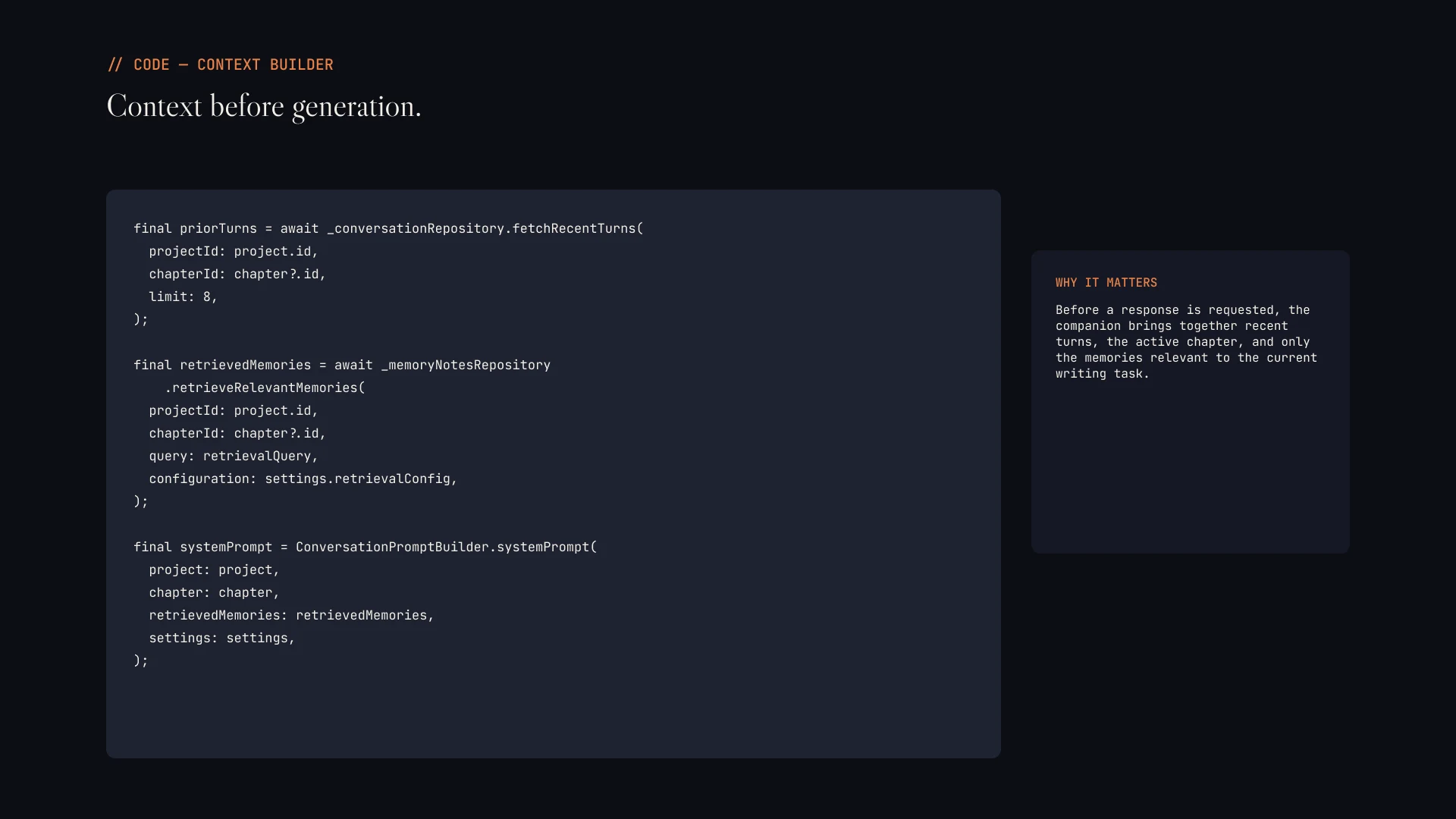 Deck slide — real Dart code building conversation context before generation
