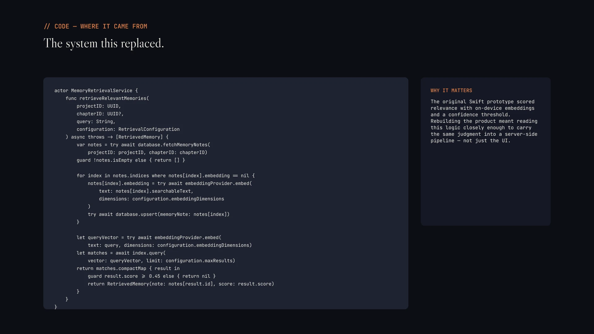 Deck slide — the original Swift memory-retrieval actor from the native prototype