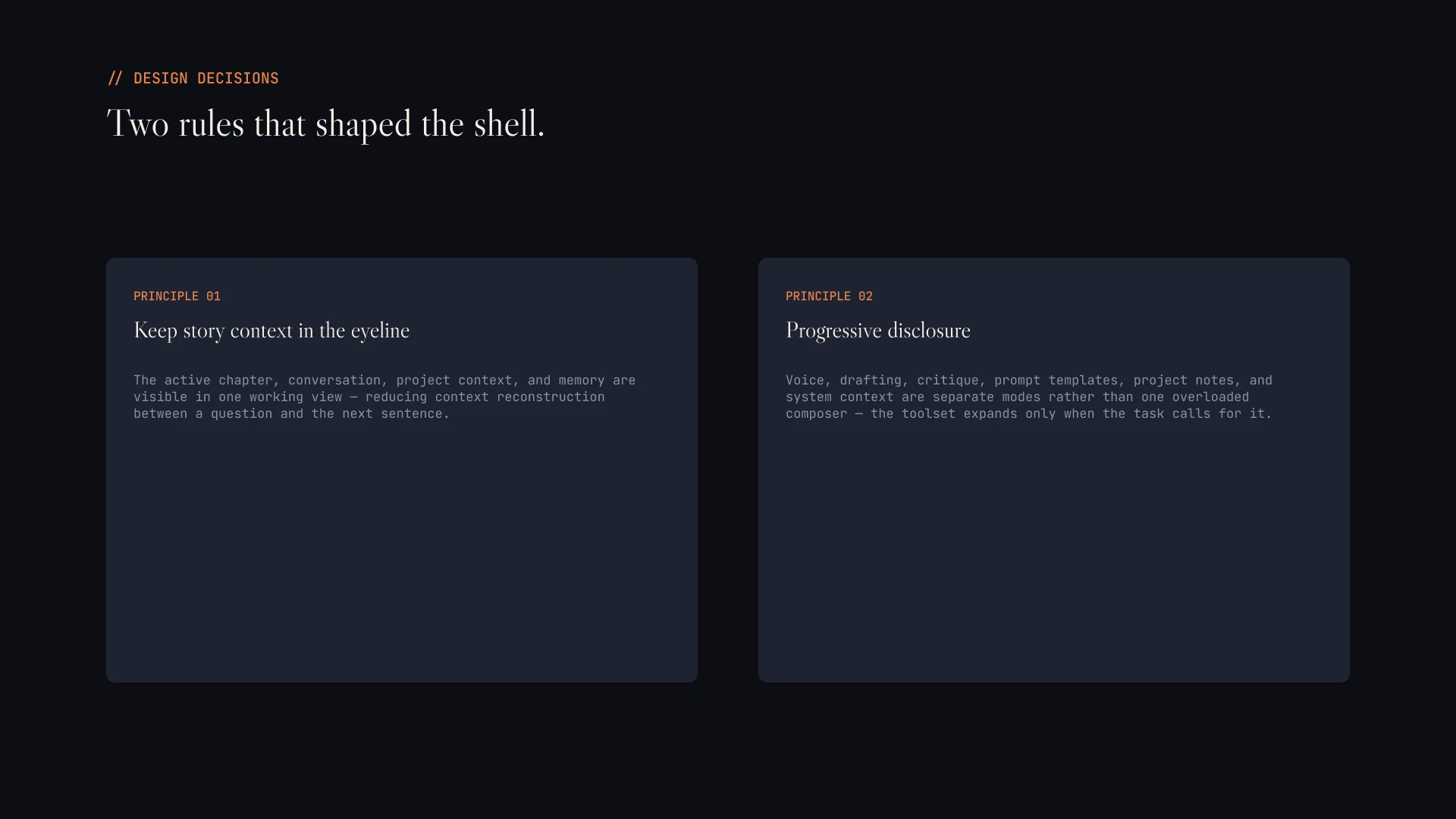 Deck slide — two UX principles: keep story context in the eyeline, progressive disclosure