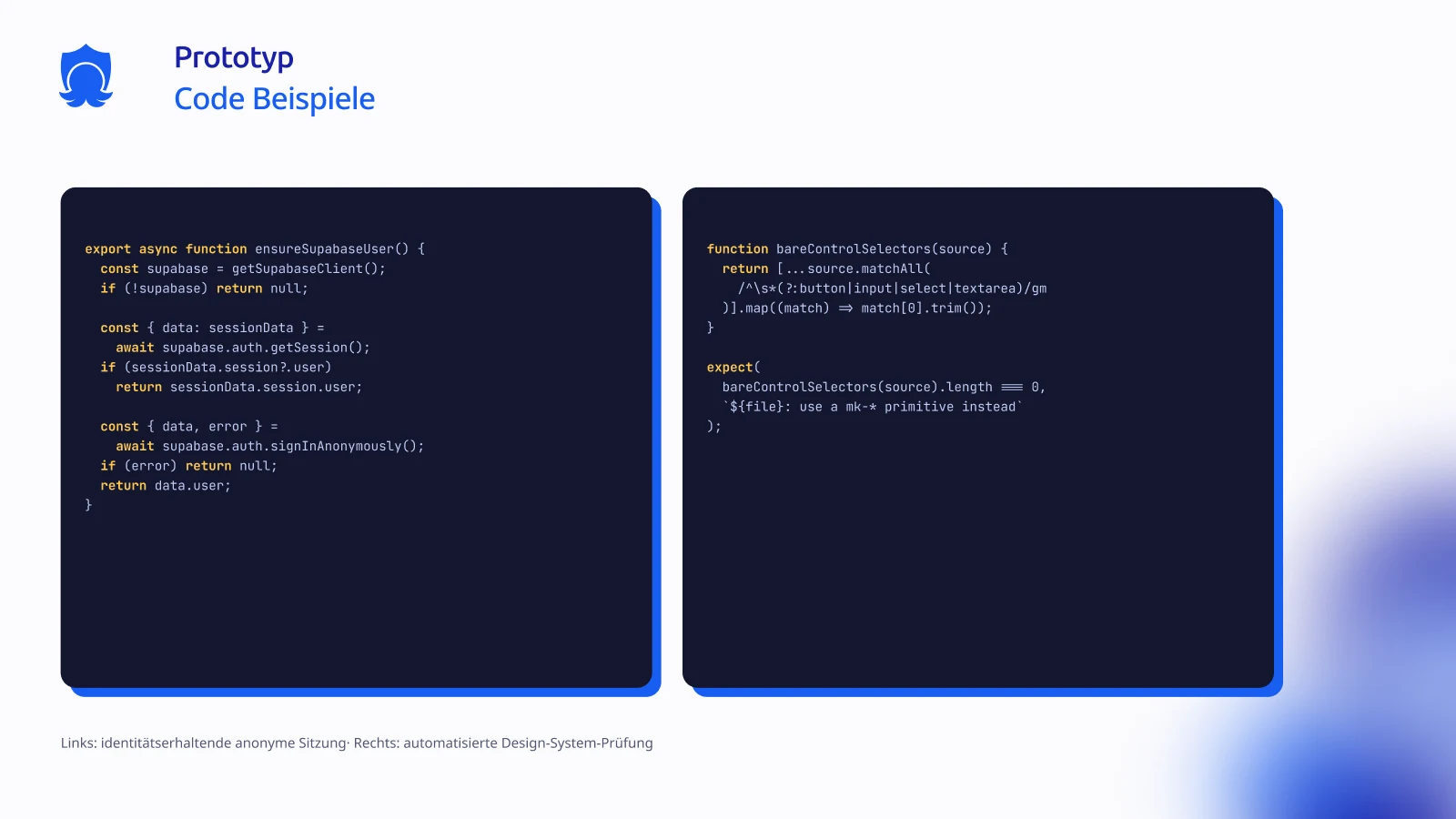 Identity-preserving anonymous session and design system enforcement code examples