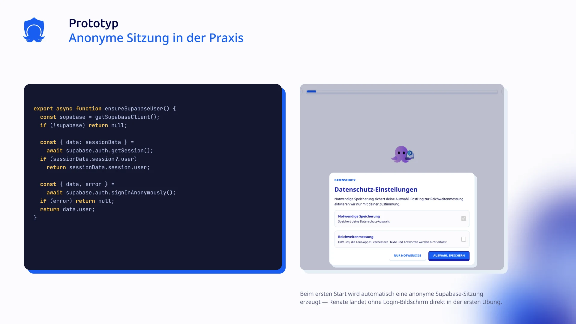 Anonymous session in practice: signInAnonymously code paired with the real consent screen