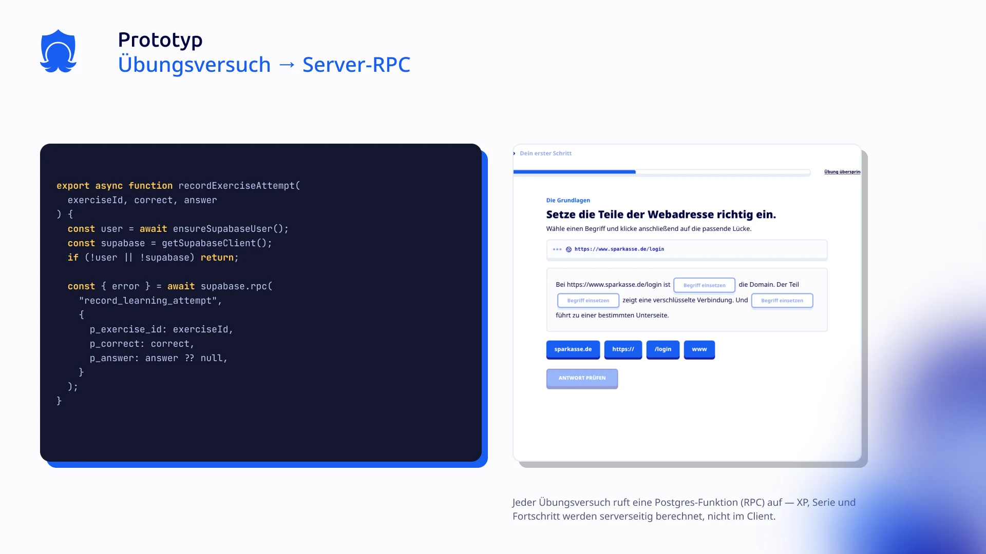 Exercise attempt calling a Postgres RPC, paired with a real URL-parsing exercise screen