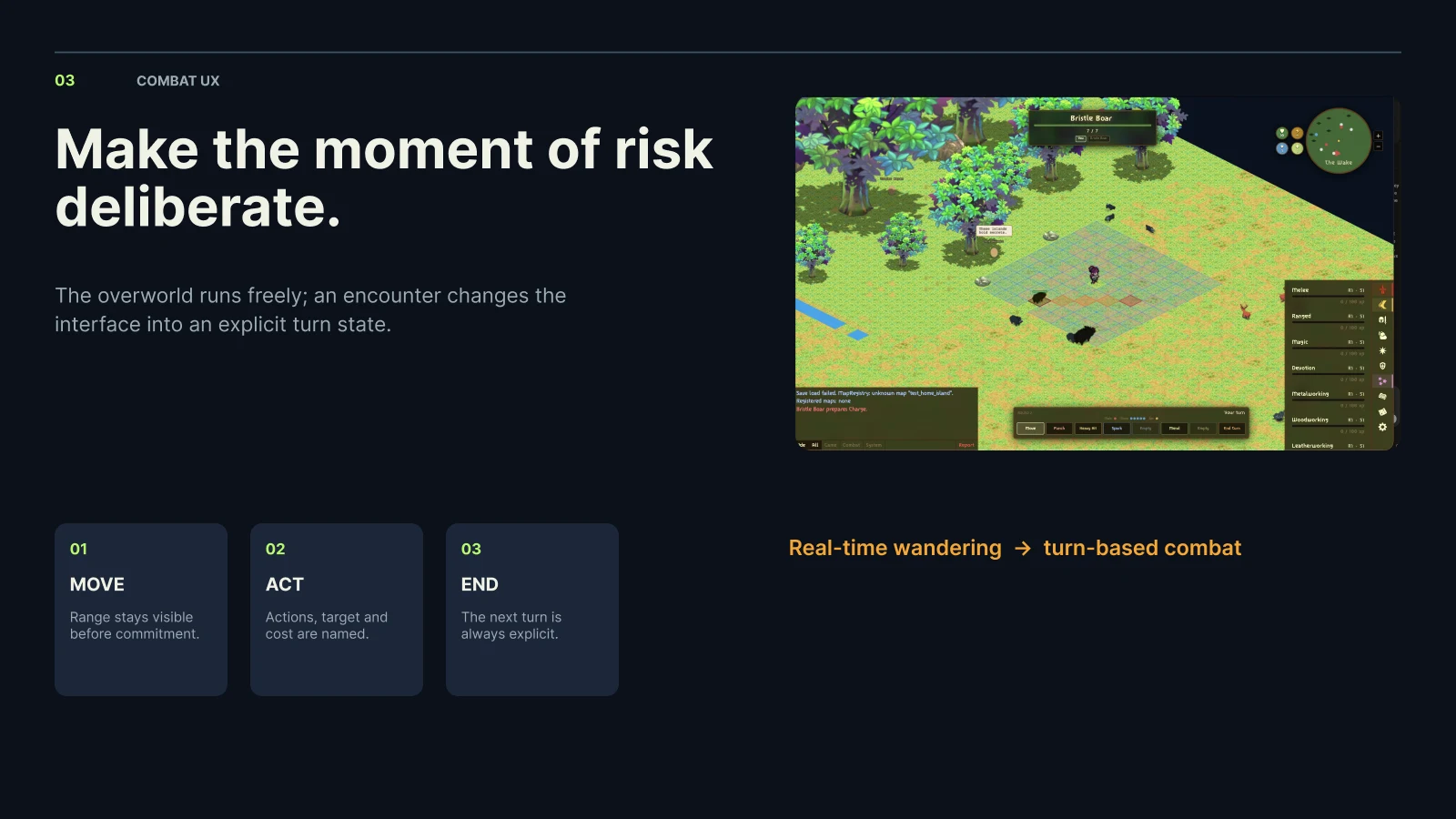 Shattered-Case-Study-Slide zu Combat UX mit taktischem Kampf-Screenshot