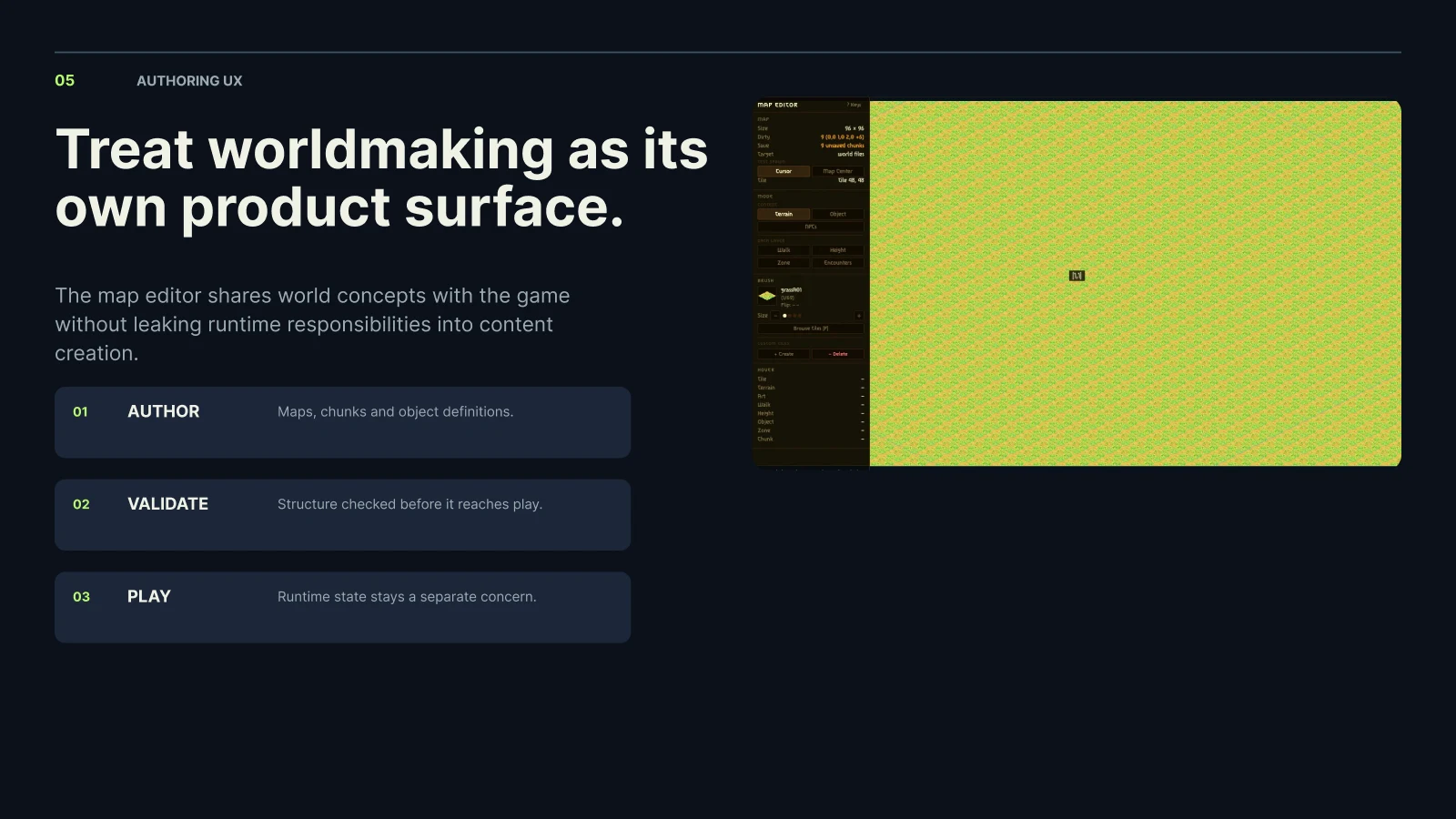 Shattered-Case-Study-Slide zu Authoring UX mit Map-Editor-Screenshot